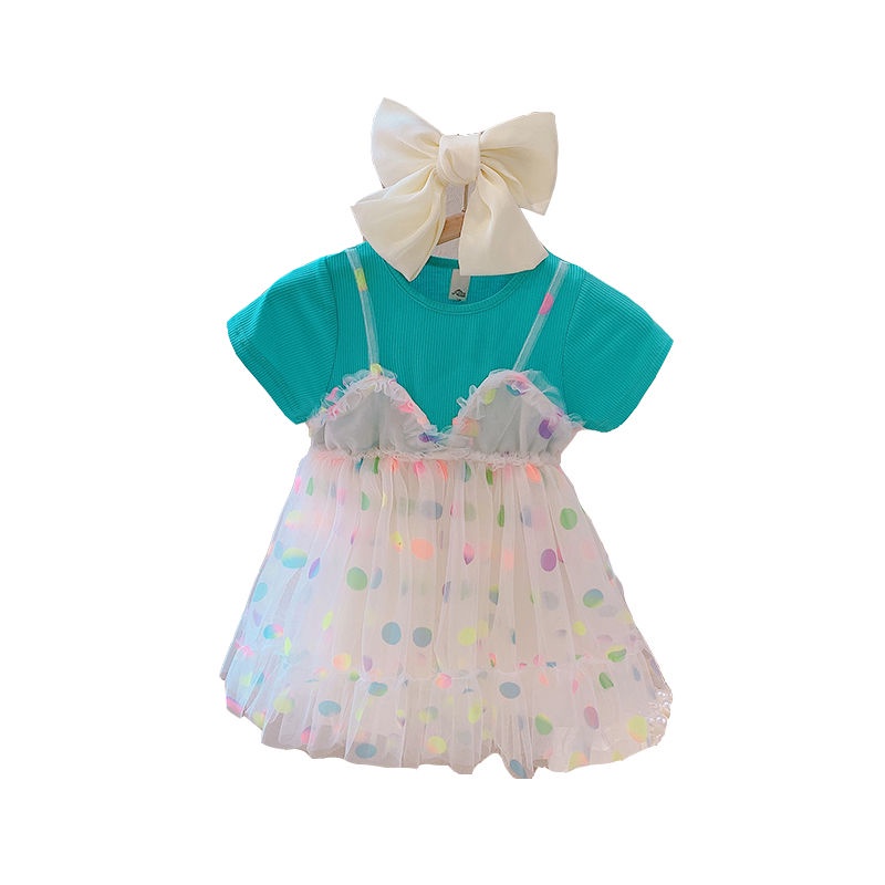 Đầm Công Chúa Giả Hai Lớp Phối Lưới Chấm Bi Thời Trang Mùa Hè Hàn Quốc 2023 Mới Cho Bé