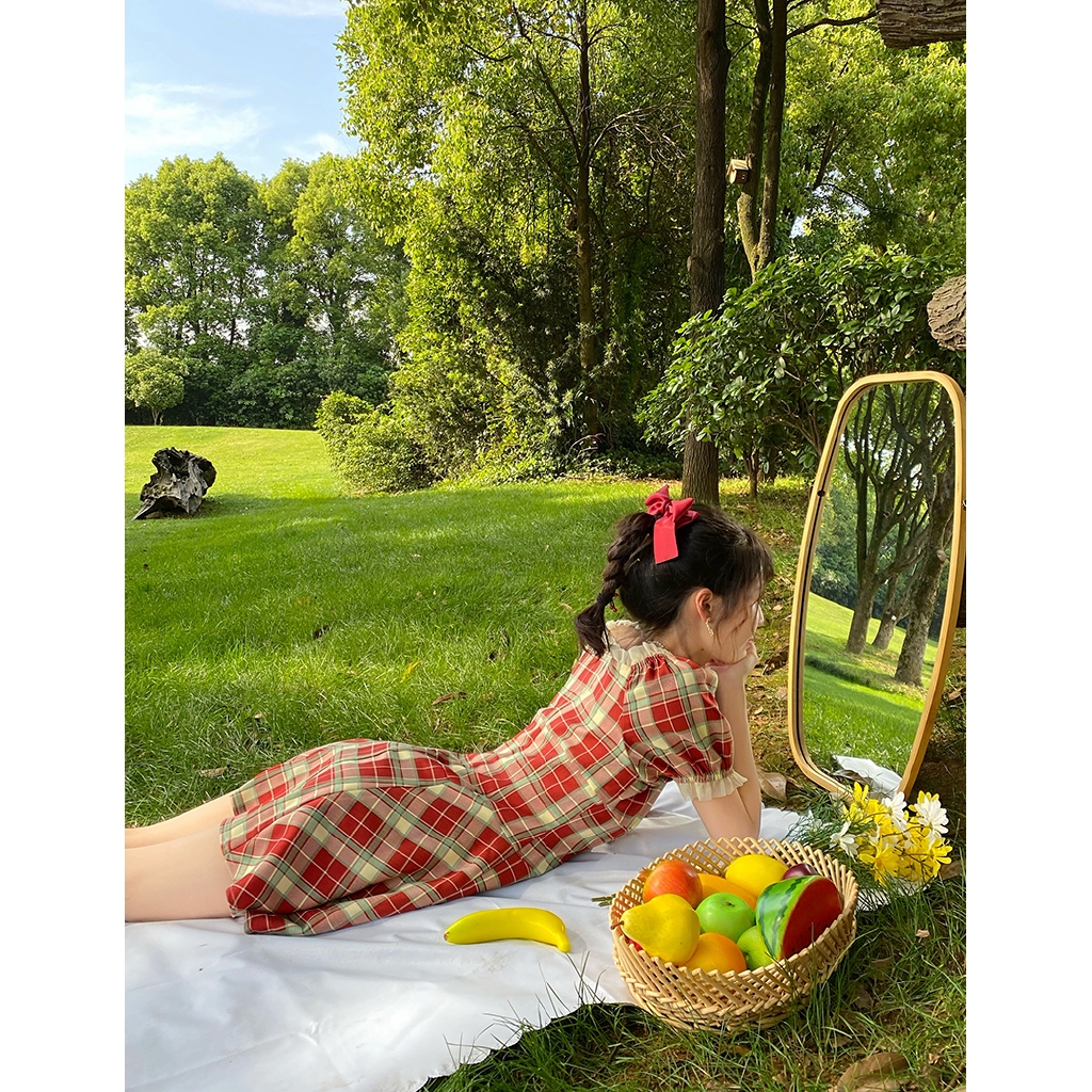 Large Size Dress Retro Plaid Red Dress Square Mouth Bubble Sleeve French Skirt 2020 New Summer | BigBuy360 - bigbuy360.vn