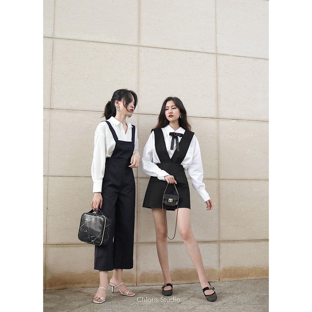 Set Áo Sơ Mi Tay Phồng + Váy Yếm Chữ A (Áo TRẮNG + Váy ĐEN) | BigBuy360 - bigbuy360.vn