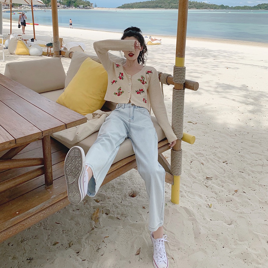Porozi Áo khoác cardigan  dệt kim tay dài dáng ngắn thêu họa tiết phong cách xinh xắn thời trang Hàn Quốc cho nữ