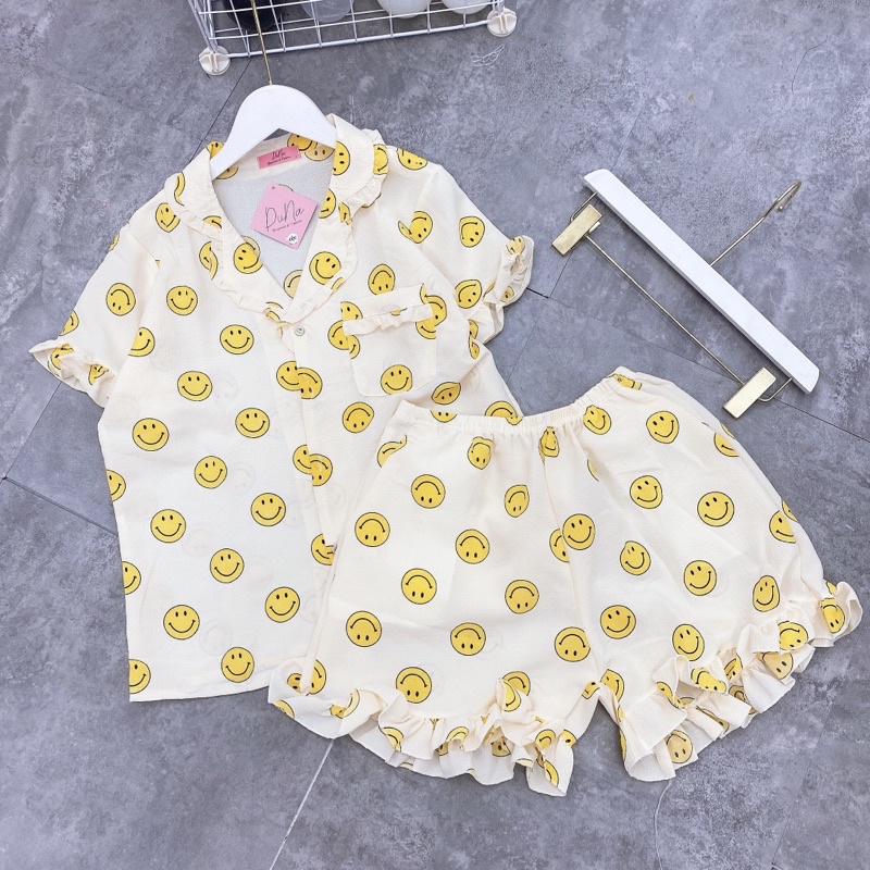 Bộ pijama đũi xốp tay cộc quần đùi viền bèo mặc nhà nữ, Đồ ngủ nữ xinh hoạ tiết siêu mát mùa hè