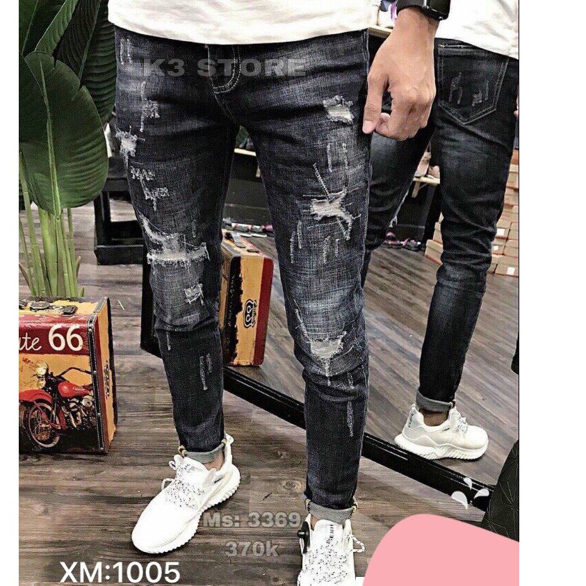 Quần Jean Nam  𝐅𝐑𝐄𝐄 𝐒𝐇𝐈𝐏  Màu Đen Wash Trắng,Rách Nhẹ, Chât Bò Co Dãn Bốn Chiều 1005