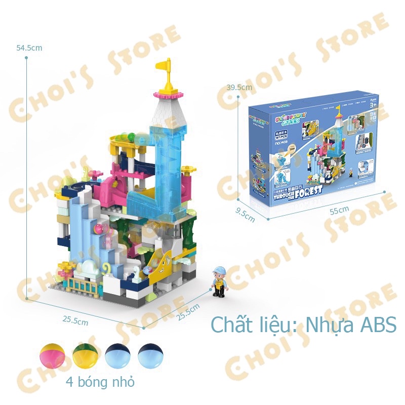 Đồ chơi lego trượt bi mẫu lâu đài có thang máy nâng bi tự động, vui nhộn