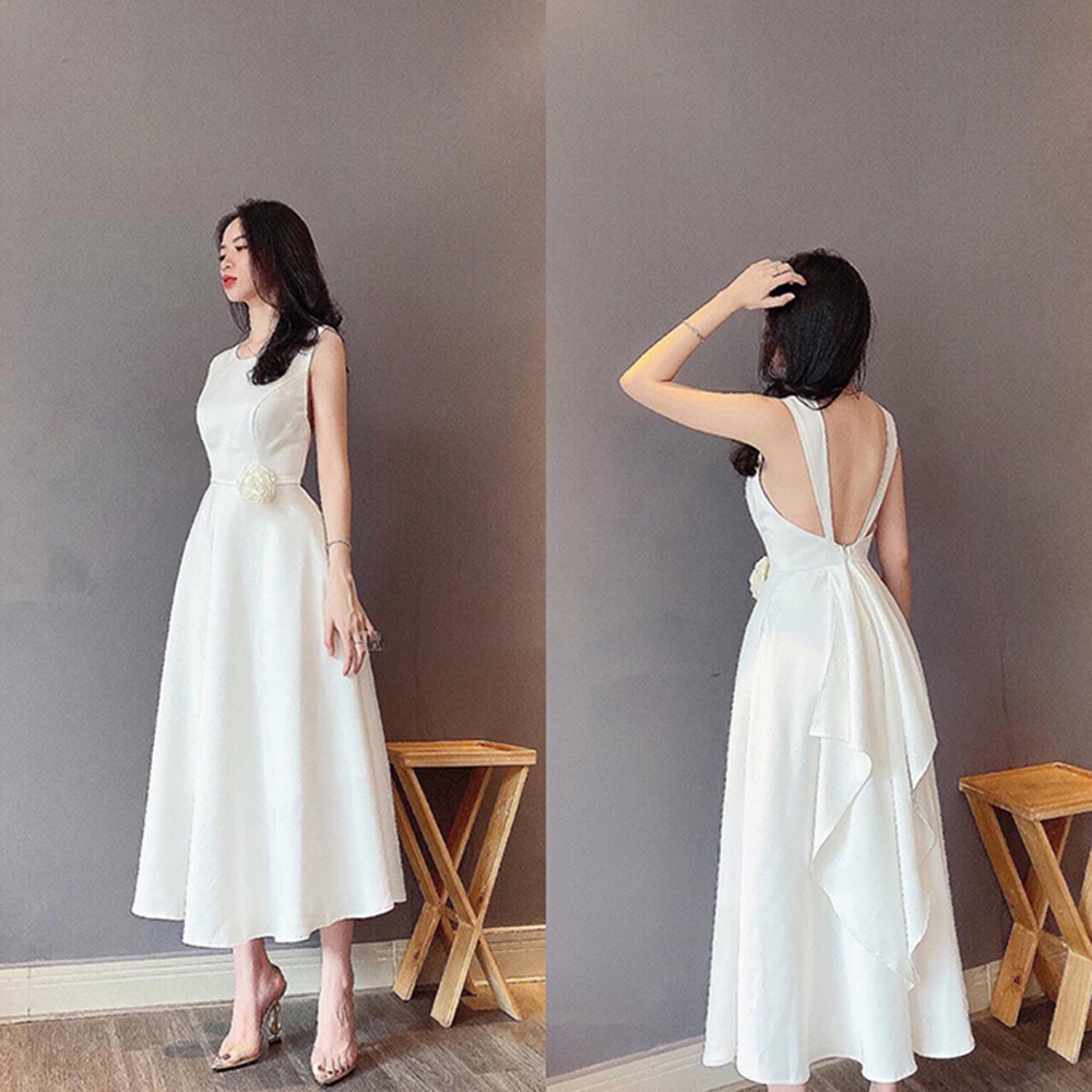 Đầm dự tiệc maxi trắng nhíu tà sau sang chảnh MSP020 chất liệu Lụa Mango