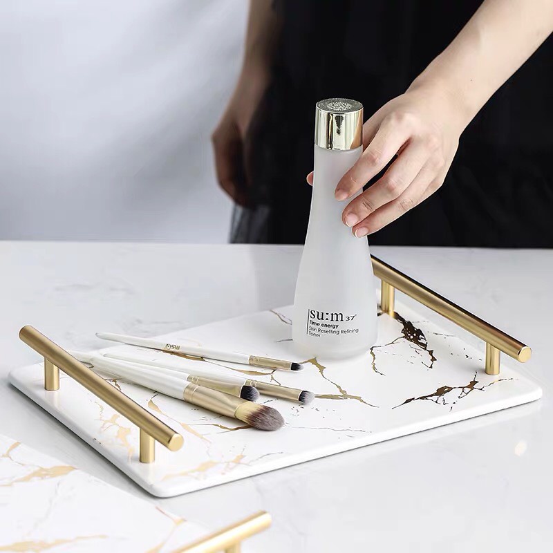 Khay sứ viền vân đá để mỹ phẩm cao cấp có tay cầm kim loại - PB25