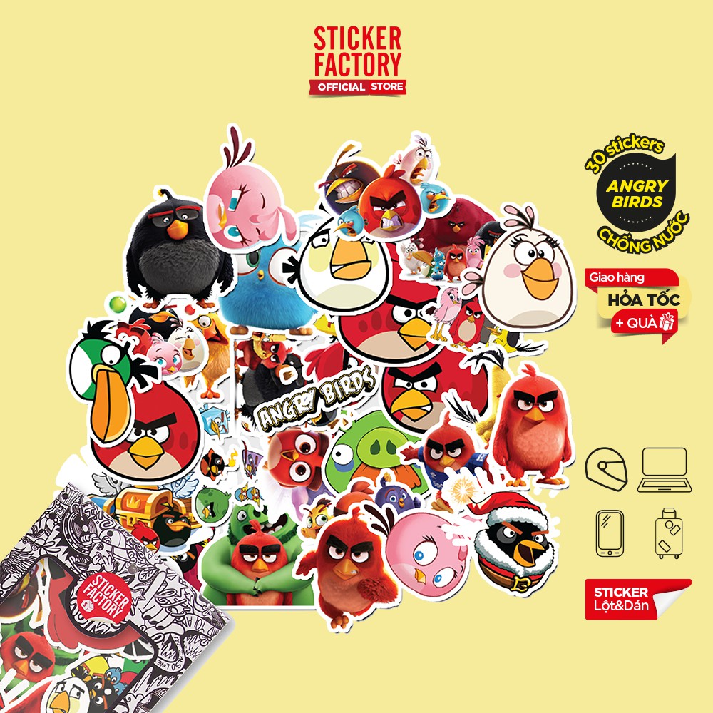 Hộp set 30 sticker decal hình dán nón bảo hiểm , laptop, xe máy, ô tô STICKER FACTORY - Angry bird