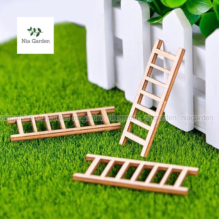 Mô hình tiểu cảnh trang trí chậu cây thang gỗ mini decor sân vườn Nia Garden N5