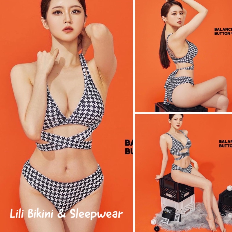 Mẫu mới 2023 bikini Hàn Quốc đen caro đồ bơi 2 mảnh tôn dáng khoe eo kiểu dáng gợi cảm bộ đồ bơi đi biển