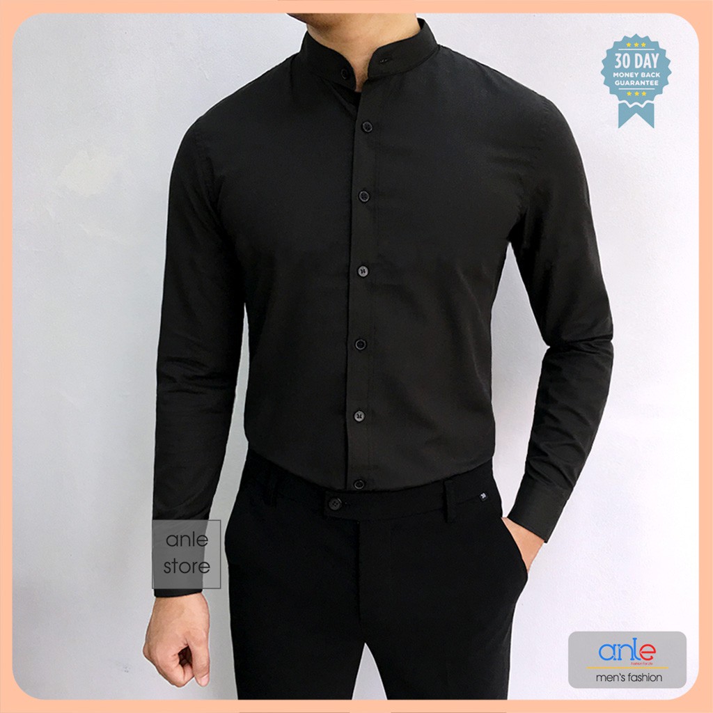 Áo sơ mi nam cổ tàu cổ trụ công sở LOUIS form Hàn Quốc đẹp Cotton lụa cao cấp xuất khẩu màu trắng đen Ảnh và Video Thật