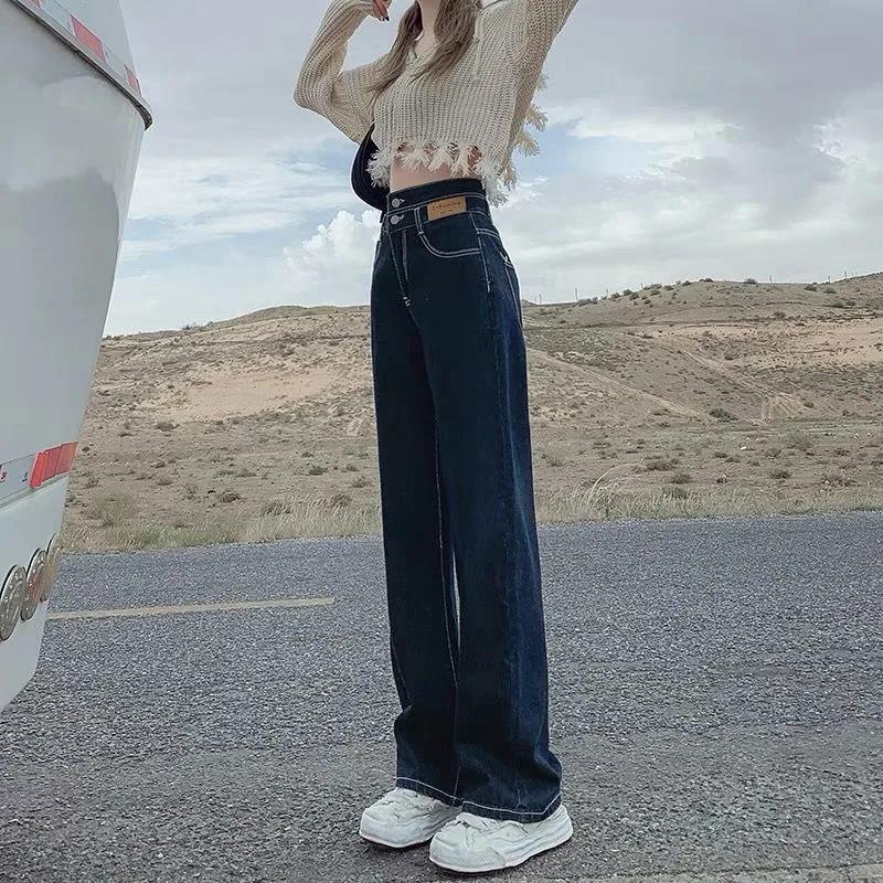 Quần Jeans Đen Dài Ống Rộng Lưng Cao 2022 Thời Trang Cho Nữ