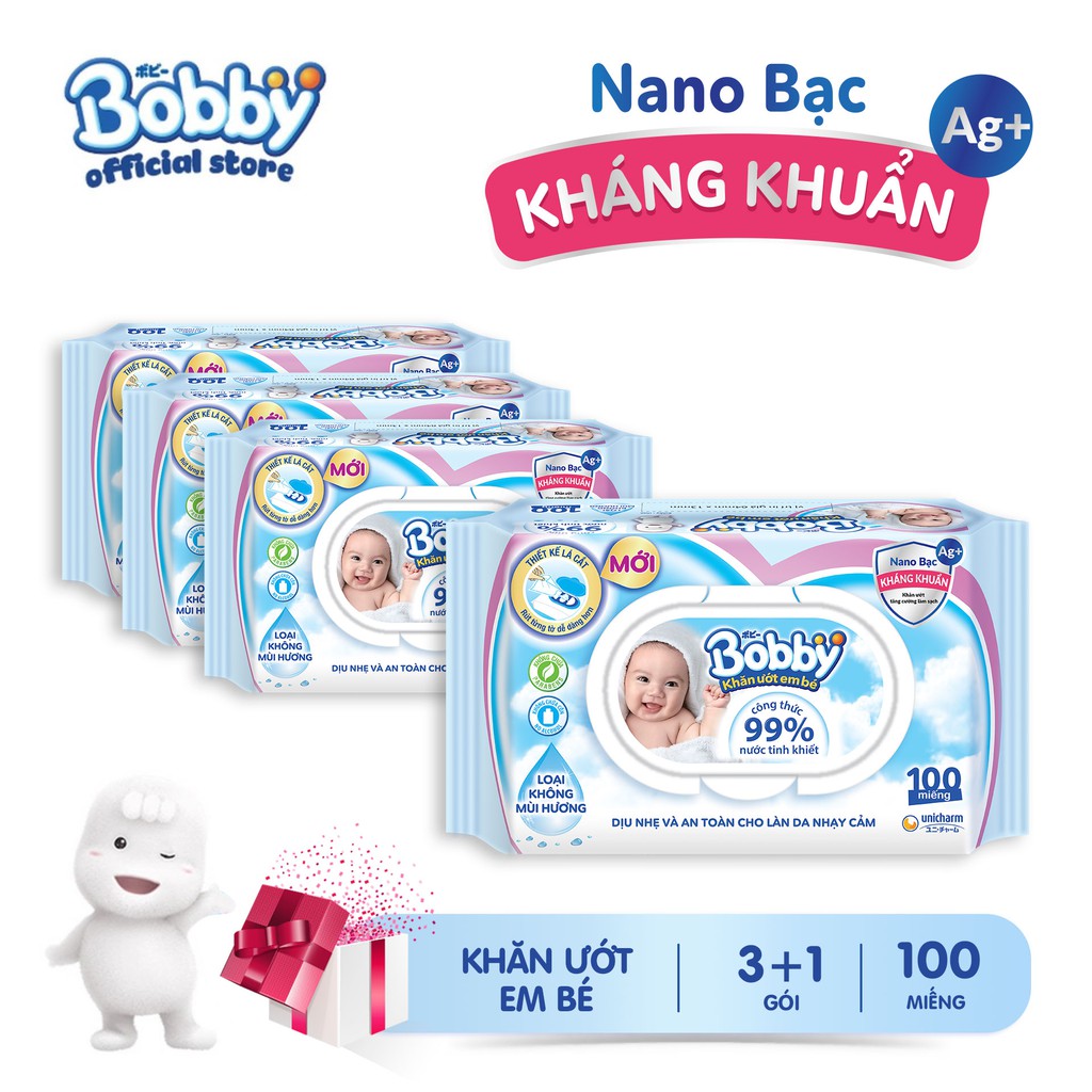 Bộ 4 gói Khăn ướt Bobby không mùi 100 tờ/gói (Xanh)