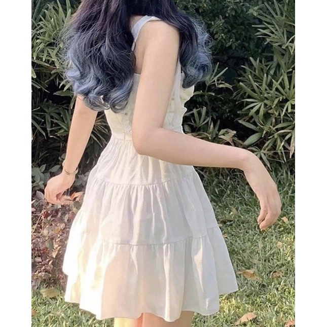 Váy đầm hai dây sát nách cúp xẻ ngực sâu dáng xoè thắt đai đan dây eo - by SGGz