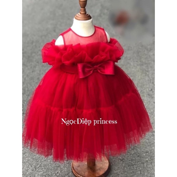 Đầm công chúa bé gái, váy công chúa đỏ nơ eo xinh xắn cho bé gái(D002)