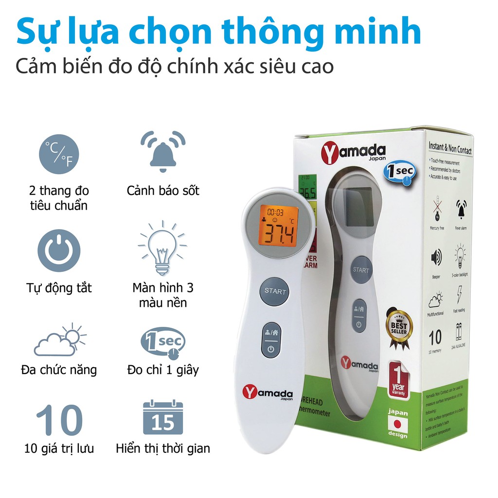 Nhiệt kế điện tử hồng ngoại đo trán không chạm Yamada YMD519 - đo nhanh 1 giây, cảnh báo sốt, màn hình