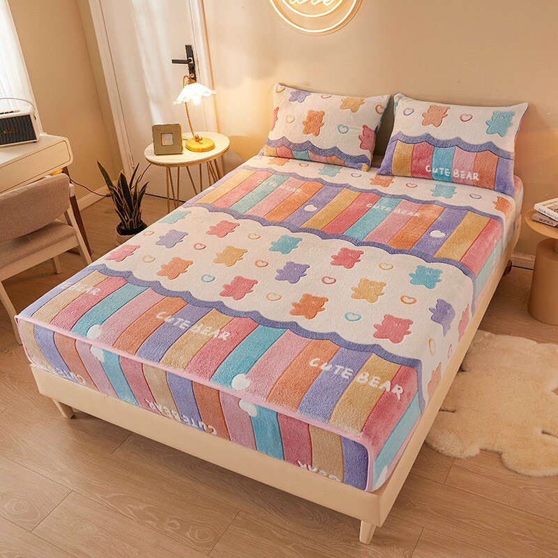 Ga gối nỉ sữa bọc đệm, set ga kèm gối nỉ sữa, thảm nỉ tuyết sữa mền mịn, ga nỉ tuyết bọc đệm nhiều họa tiết đủ size