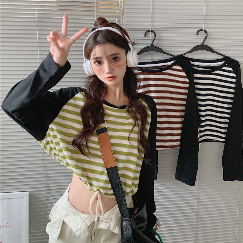 Áo Thun Ngắn Họa Tiết Kẻ Sọc Dễ Thương Phong Cách Hàn Quốc Thời Trang Cho Nữ