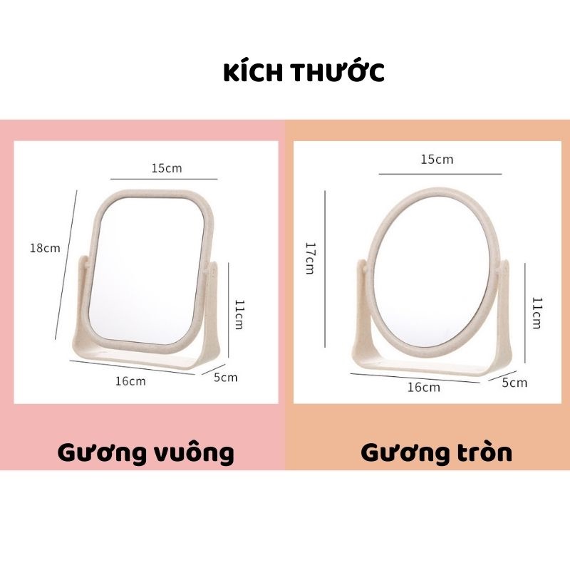 Gương trang điểm lúa mạch để bàn xoay 360 độ tiện lợi, gương 2 mặt hình tròn và vuông decor phòng phong cách hàn quốc