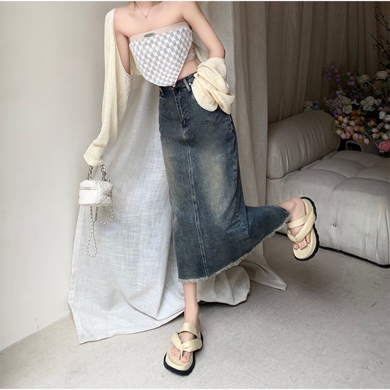 ◎♂Chân Váy Jeans Dài Lưng Cao Phong Cách Retro Cho Nữ