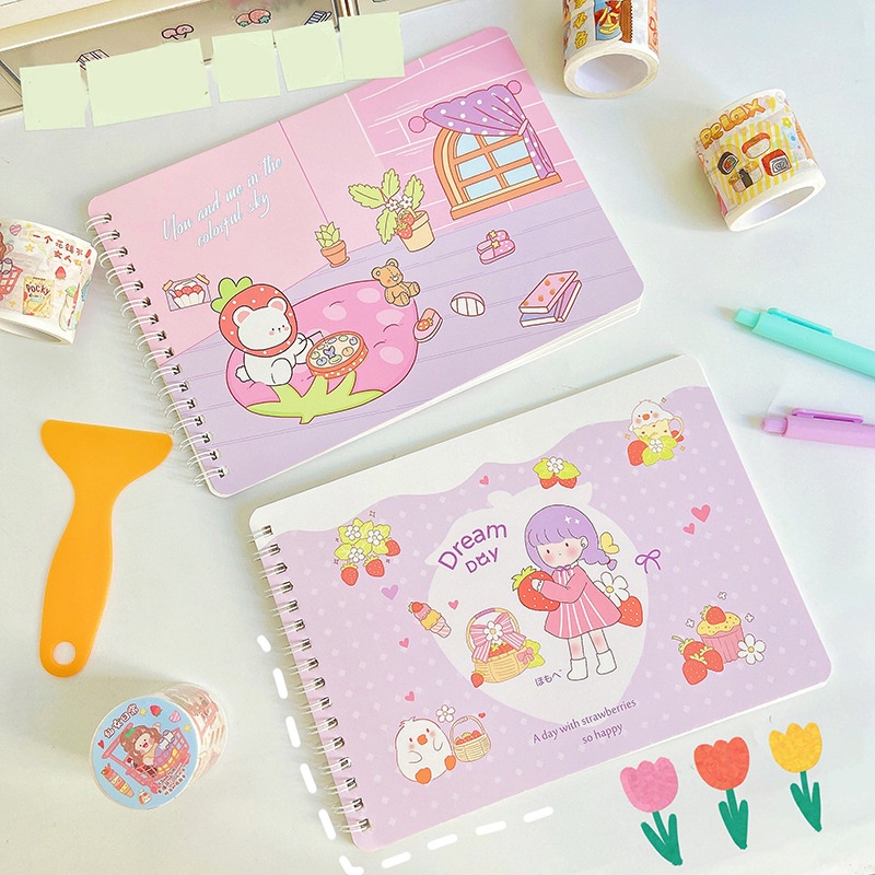Sổ Chiết Washi Sticker Lò Xo Size A5 A4 Dạng Ngang 48 Trang Dụng Cụ Làm Sổ Bullet Journal Strawberry Girl