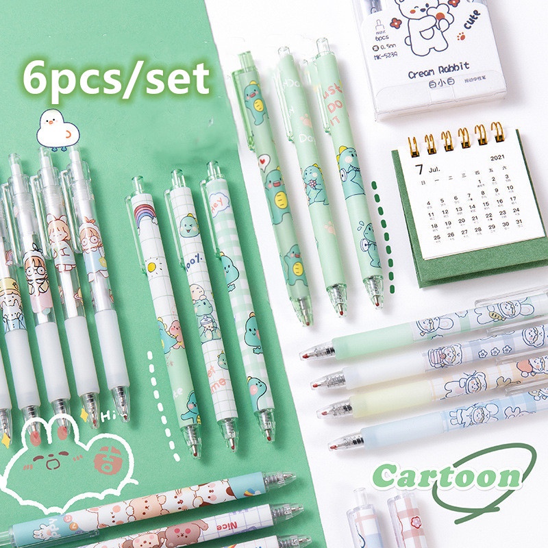 Set 6 bút bi bấm 0.5mm họa tiết hoạt hình dễ thương