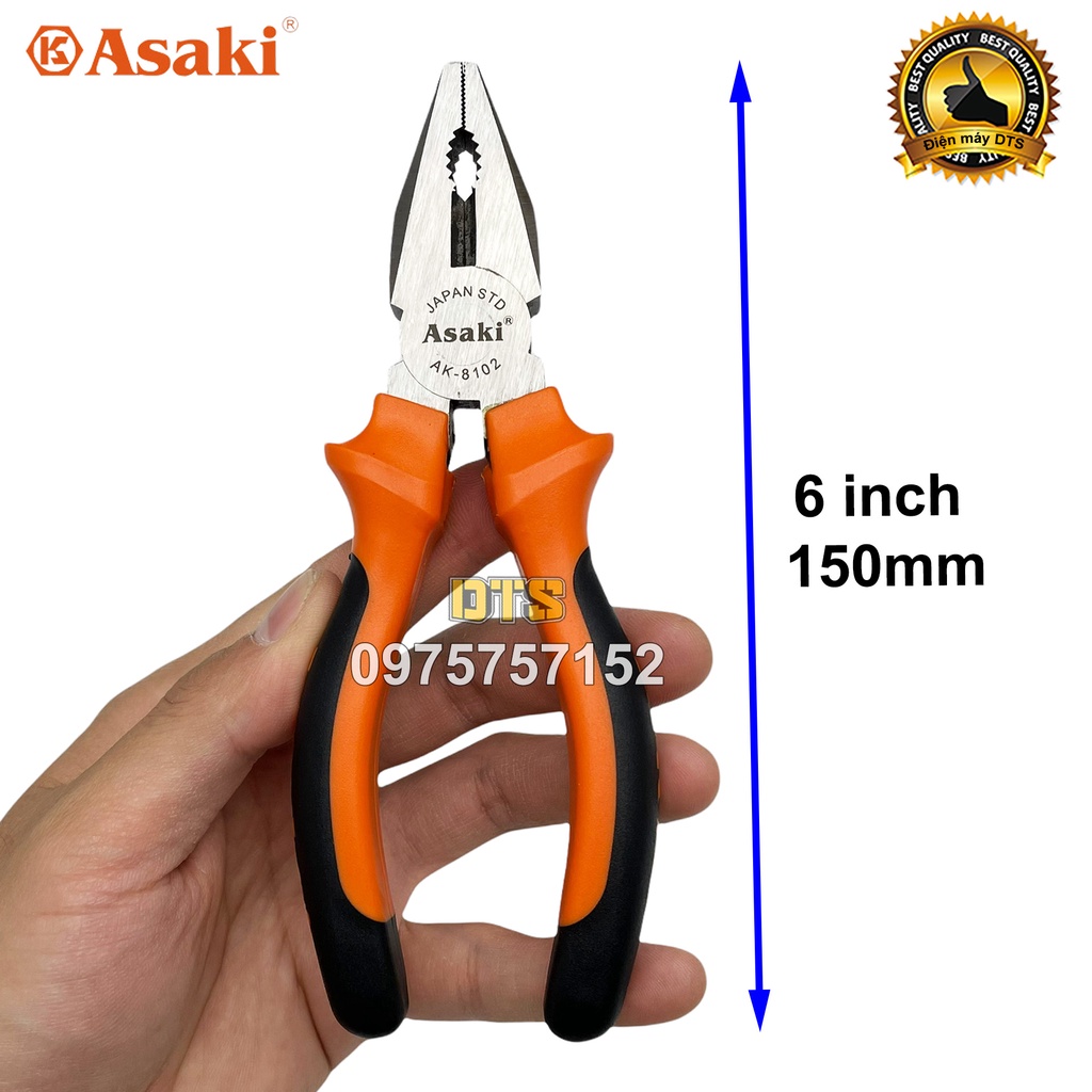 Bộ 2 kìm điện - kìm nhọn 6 inch kiểu Đức Asaki kềm đa năng A+cut Tech thép CR-V siêu cứng bền cắt tuốt dây điện kim loại