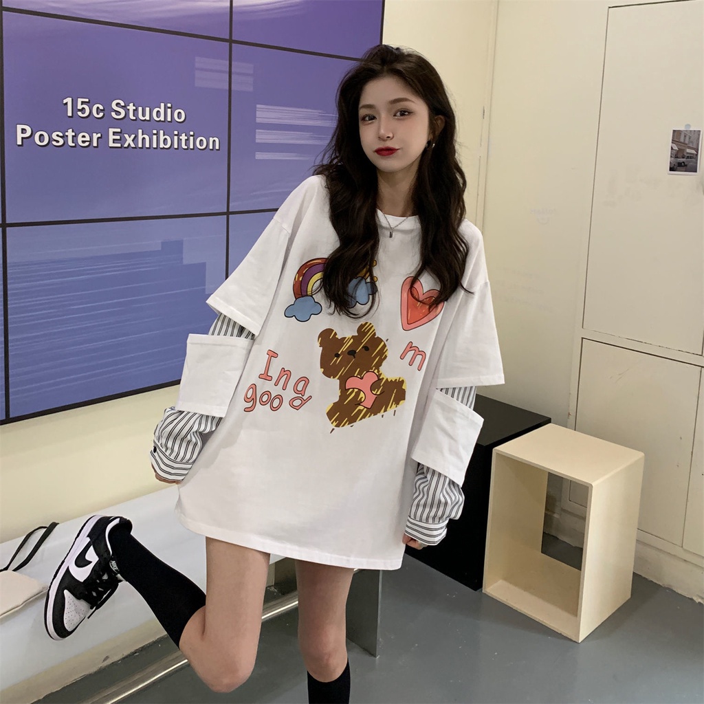 Áo Thun Tay Dài Kẻ Sọc Giả Hai Lớp Phong Cách Hàn Quốc Thời Trang 2022