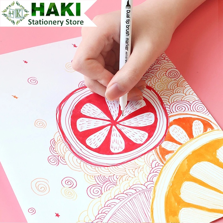 Bút brush 12 màu 2 đầu viết calligraphy HAKI, bút dạ màu marker nhiều màu dễ thương B48