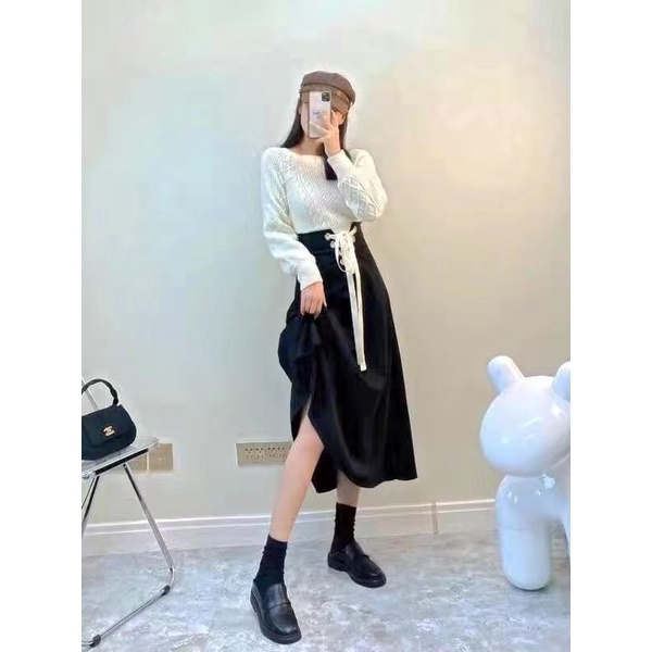 Set áo len + chân váy đen dài thắt dây vintage ulzzang hot hit