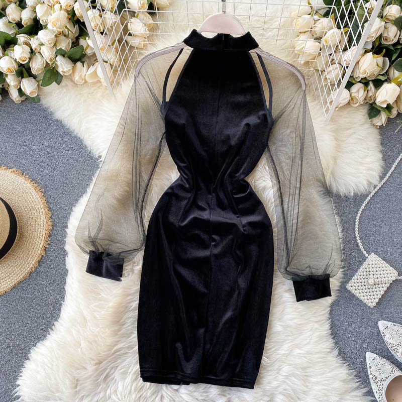 Đầm Nhung Dự Tiệc Hở Ngực Phối Tay Hàng Thiết Kế Tôn Dáng Sang Trọng | BigBuy360 - bigbuy360.vn