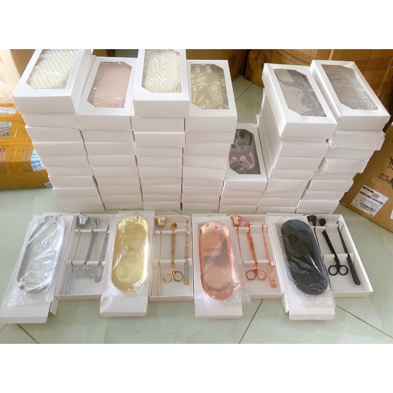 Bộ Phụ Kiện Chăm Sóc Nến Thơm Cao Cấp 5 món gồm khêu, chuông, kéo bấc, kéo két bấc, khay dài, usb đốt