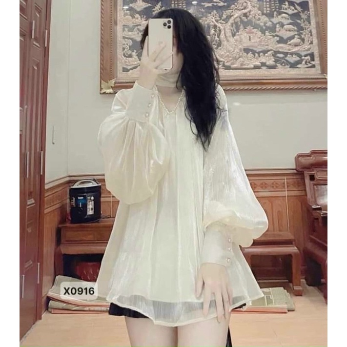 Áo sơ mi tơ xước mềm mịn cổ V đính ngọc tiểu thư, áo bánh bèo buộc nơ lưng nhẹ nhàng