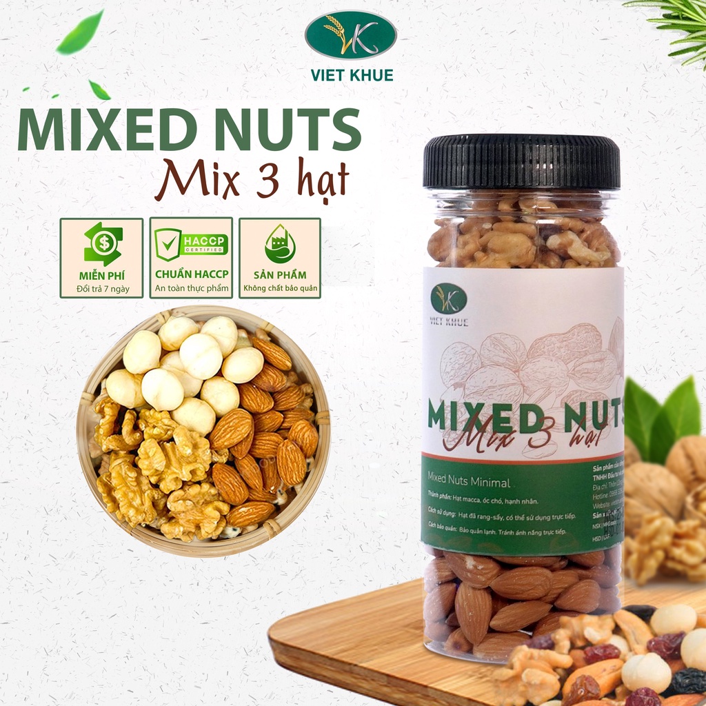 Hạt dinh dưỡng mix 3 loại nhập khẩu macca óc chó hạnh nhân Mixed Nuts Việt Khuê cho mẹ bầu ăn vặt, tập gym, healthy 350g