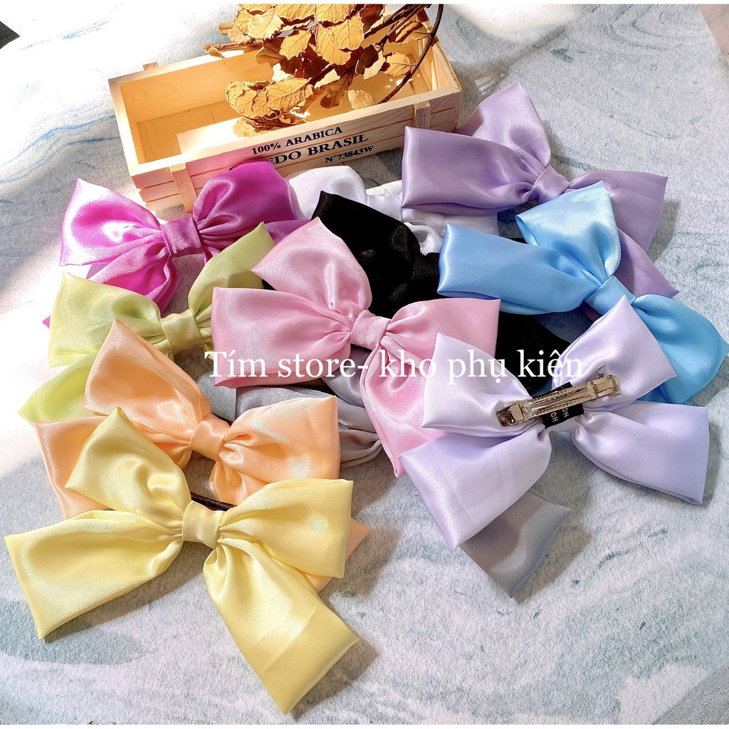 SET 2 MÓN PHỤ KIỆN KẸP TÓC NƠ, SCRUNCHIES,  VẢI SATIN BÓNG THỜI TRANG, NHIỀU MÀU, PHỤ KIỆN TÓC HÀN ULZZANG