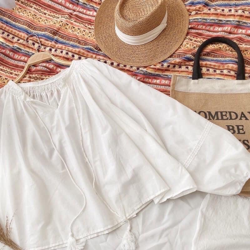 Áo sơmi đũi cổ tròn có dây chuông