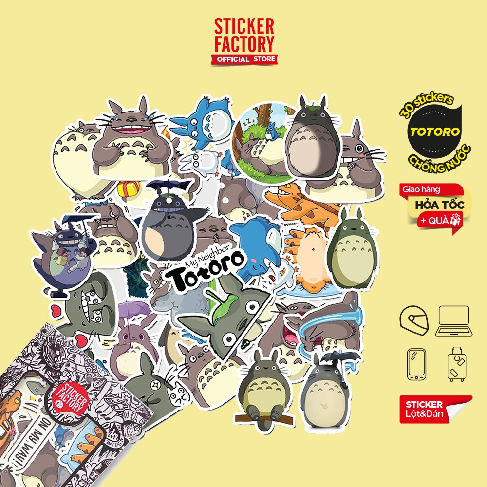 Hộp set 30 sticker decal hình dán nón bảo hiểm , laptop, xe máy, ô tô STICKER FACTORY - Totoro