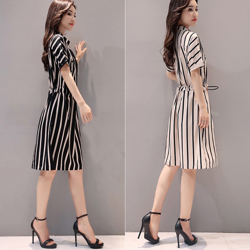 Đầm dáng xòe tay dài họa tiết kẻ sọc kiểu Hàn Quốc cho nữ | BigBuy360 - bigbuy360.vn