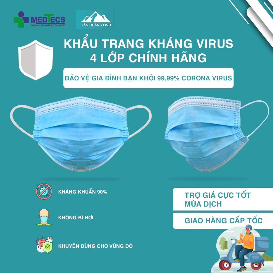 Hộp khẩu trang y tế loại 4 lớp 50 cái, chuyên sỉ, hàng chính hãng chất liệu chống thấm nước