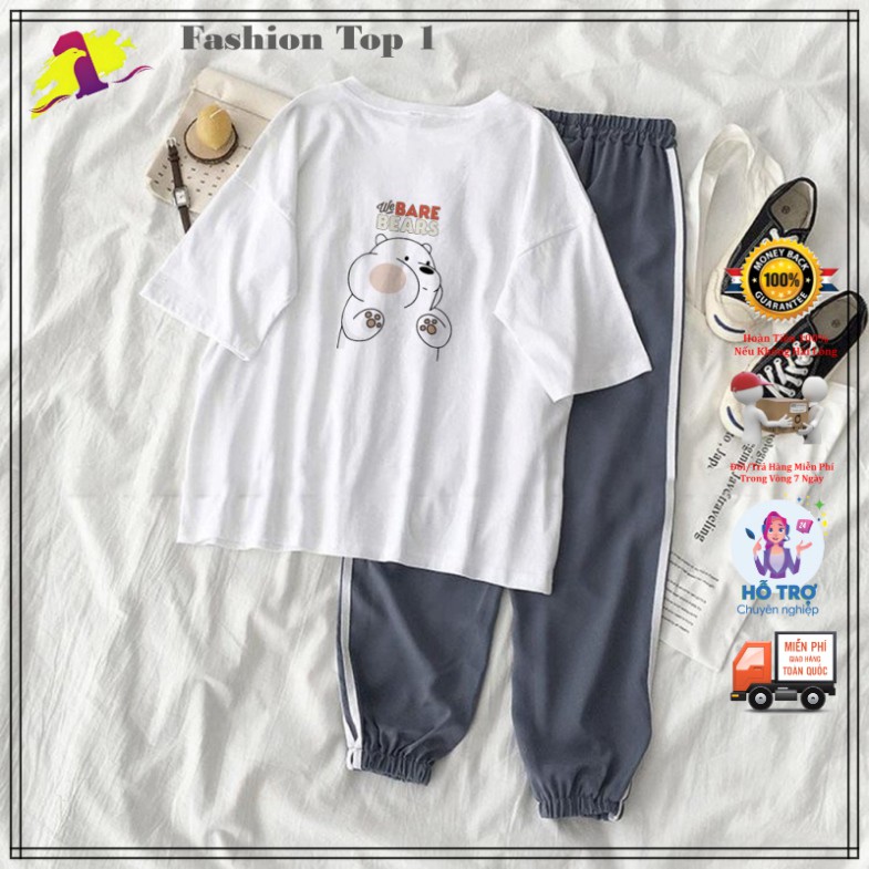 Bộ Jogger Line Phối Thun Unisex We Bare Bears Gấu Trắng S40