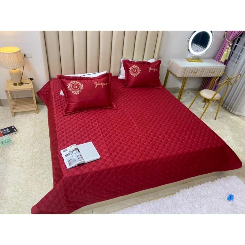 Bộ chăn ga gối phi lụa trần bông combo 5 món thêu sang trọng