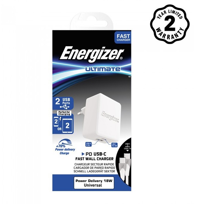 Bộ sạc 2 cổng Energizer AC11PFEUUCC3 - USB-C PD, Kèm cáp USB-C