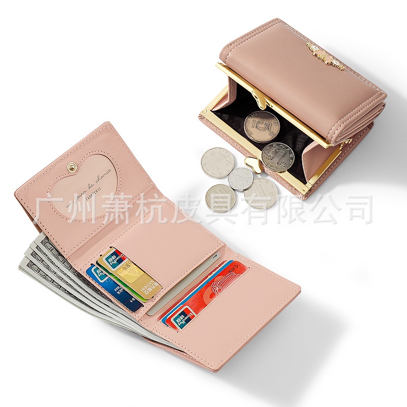 Ví Ngắn Ba Ngăn Đựng Thẻ / Tiền Xu Đính Nơ Đơn Giản Dễ Thương Thời Trang Cho Nữ Sinh Giá Đỡ