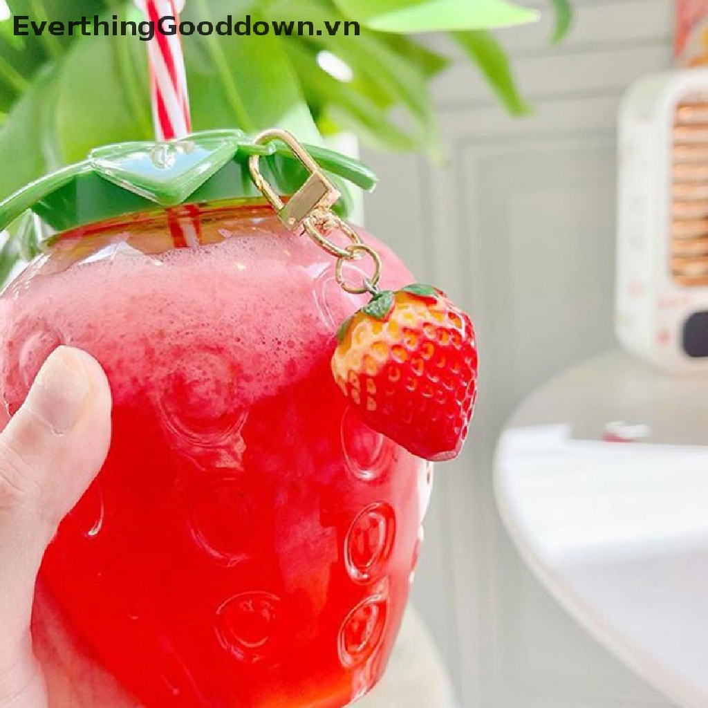 Everthinggooddown Bình Uống Nước 500ml Có Ống Hút Hình Trái Dâu Dễ Thương