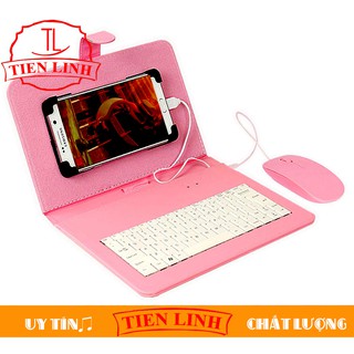 Combo Bao Da Bàn Phím + Chuột + Lót Chuột Cho Điện Thoại/ Máy Tính Bảng Hệ Điều Hành Android từ 4 đến 7 inch (Hồng)