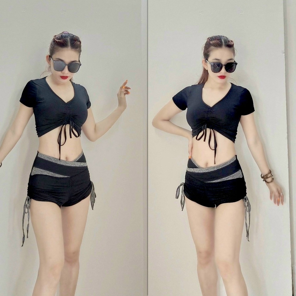 Bộ tập gym nữ, đồ tập gym yoga aerobic nữ áo rút ngực quần đùi phối chất đẹp BCV01