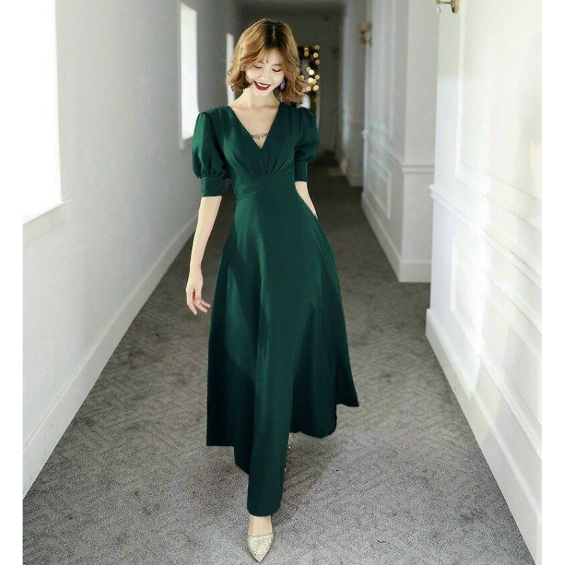 Đầm maxi xếp li cổ V