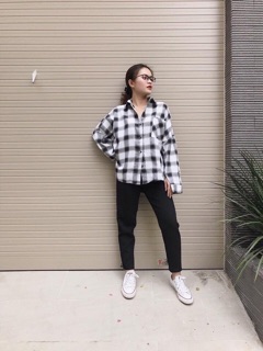 Áo sơ mi oversize caro đen trắng