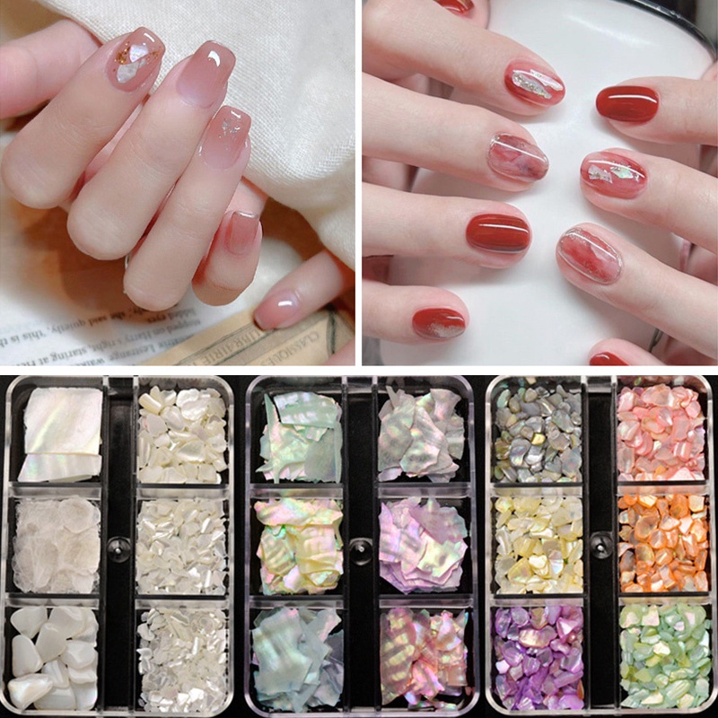 Hộp Đá Vỏ Sò 3D Nhiều Màu Sắc Dùng Trang Trí Móng Tay 6 Girds
