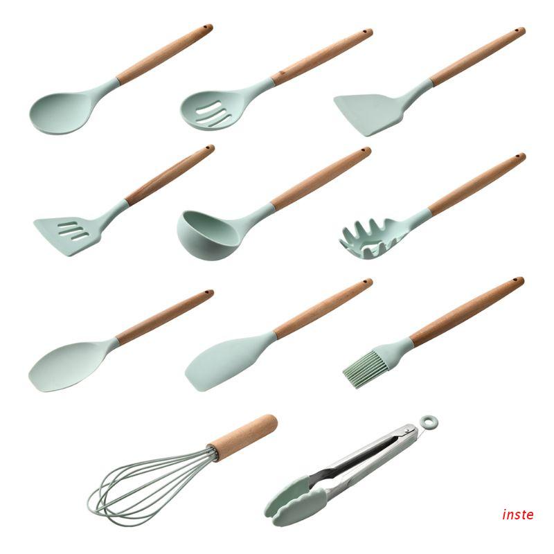 Bộ dụng cụ nấu ăn bằng silicone tay cầm gỗ tự nhiên không độc hại