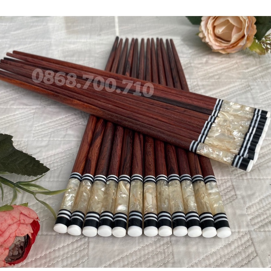 Đũa ăn gỗ Cẩm lai cao cấp đầu tròn gắn vỏ ốc biển trắng - mới