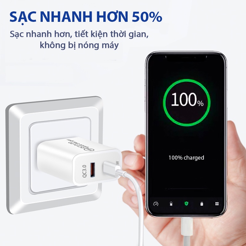 Củ Sạc 2 cổng QC3.0/PD 18W - Tích Hợp Cổng Sạc Nhanh Type C cho ip 8 trở lên, cốc sạc chống cháy nổ quick changre 3.0